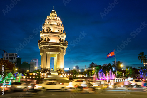 Phnom Penh Independence Monument by Night, Cambodia (Vimean Ekareach) – Illuminated Nightscape of Historic Landmark Celebrating National Freedom and Cultural Heritage in Southeast Asia