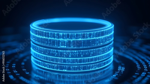 A glowing digital data storage stack in blue neon lights, representing modern database and technology concepts.