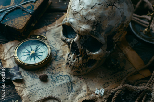 An antique skull rests on a tattered map with a compass, evoking mystery and adventurous tales of the high seas.