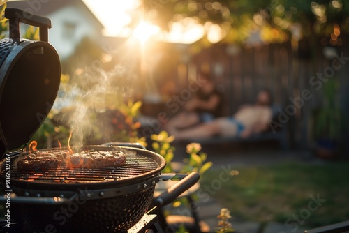 Backyard BBQ grill with steaks, smoke, sunset, and relaxing pers