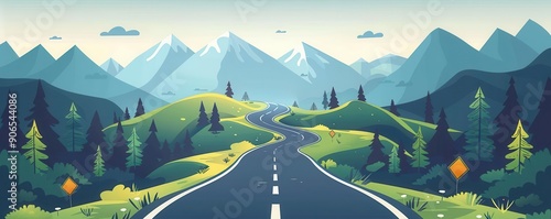 Mountainous roadtrippers, flat design, top view, winding road view, cartoon drawing, splitcomplementary color scheme, copy space for text