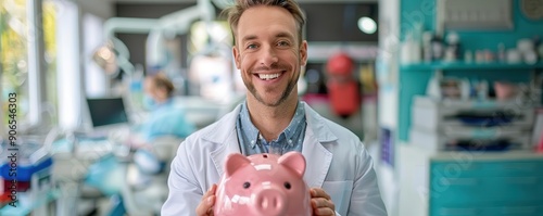 watercolor style, Happy dentist in a watercolor office holding a piggy bank, dentist care, savings and investments concept