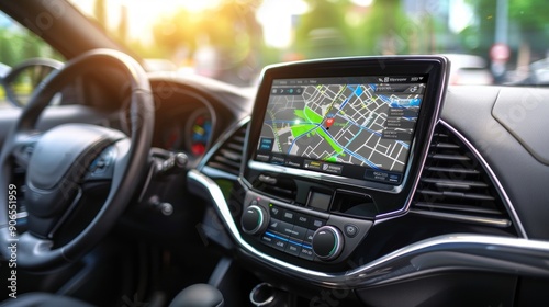 Image of modern car interior with large touchscreen navigation system in central dashboard displaying GPS map. Luxurious, spacious feel with steering wheel and air vents visible.