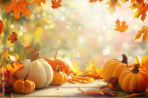 Vibrant pumpkins and colorful autumn leaves bathed in soft golden light.