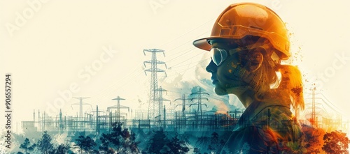 Profile illustration of a female engineer wearing a hard hat and safety glasses, standing in front of power lines and a substation