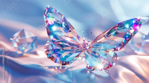 Crystal butterfly with vibrant iridescent colors on a soft pastel background. Concept of beauty in nature, delicate designs, iridescence, and elegance