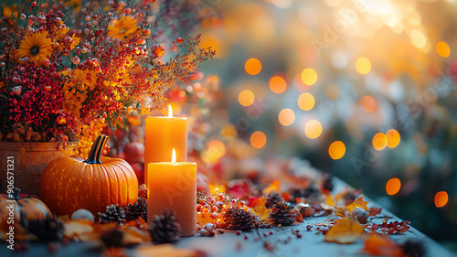 Thanksgiving table with candles, pumpkins, and festive autumn decorations, high-resolution image perfect for social media