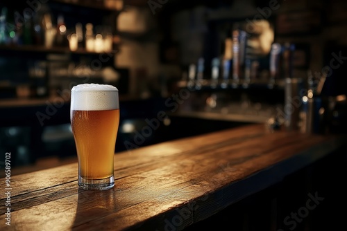 This mockup depicts a glass of beer on a wooden table, set against the backdrop of a beerhouse. It's suitable for pubs and bars to design menus.