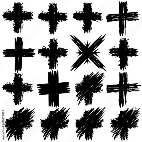 There exists a collection of black crosses set against a white background