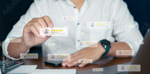 Customer review good rating concept, hand pressing user and five star icon on visual screen for positive customer feedback, testimonial and testimony, user comment and feedback for review.