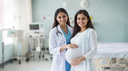 Indian pregnant woman standing with her female doctor in the hospital, supportive care and consultation, hospital and clinic, prenatal care