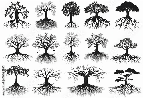 Black Tree Root Illustrations: Realistic Taproot and Fibrous Root Icons for Graphic Design 