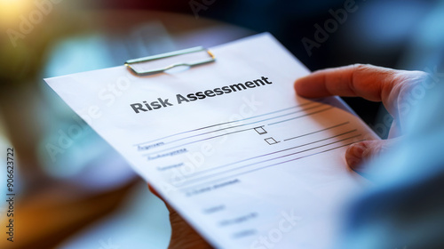 Close-up of a hand holding a risk assessment form in an office setting, highlighting the importance of evaluating potential hazards and safety measures.