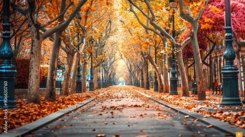 Scenic Urban Street Lined with Trees in Autumn. Concept of fall foliage, serene walkway, city environment, seasonal change