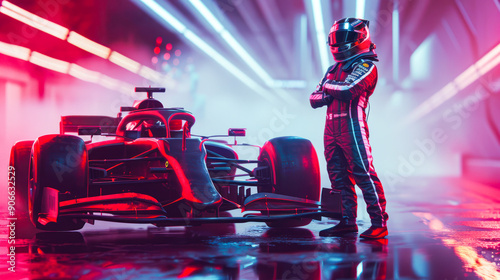 New Formula one pilot going to his racing car in box with neon lights. Career start. New season of F1 World Championship. New car presentation. Unrecognizable F1 pilot in helmet standing at racing car