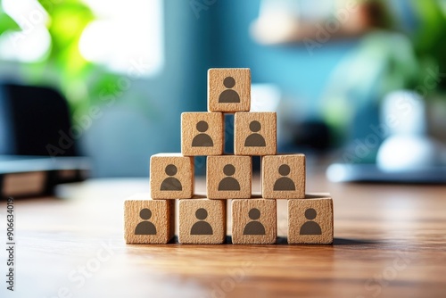 Building a Strong Team: Wooden blocks arranged in a pyramid structure, each bearing the symbol of a person, represent the concept of teamwork, hierarchy, and organizational structure in a business set