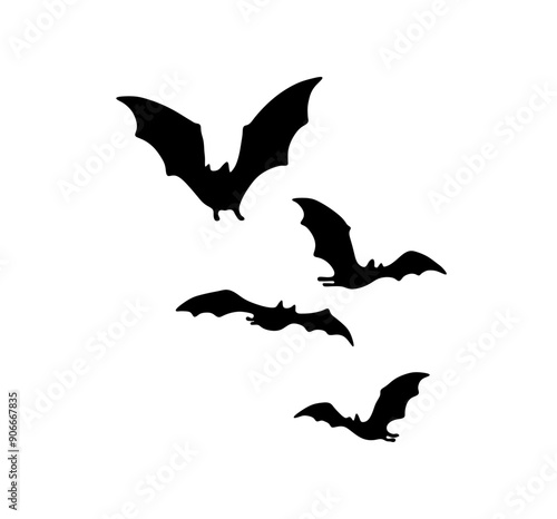 Vector isolated several flying bats in different poses colorless black and white outline silhouette shadow shape