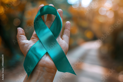 The ribbon on the woman's hand symbolizes awareness of ovarian cancer and PCOS.