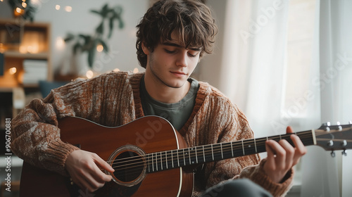 A teenager sits by the window, playing an acoustic guitar in a sunlit room, exuding peace and relaxation. 