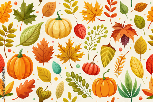 assortment of autumn elements such as pumpkins, leaves, acorns, and berries are scattered across a light background