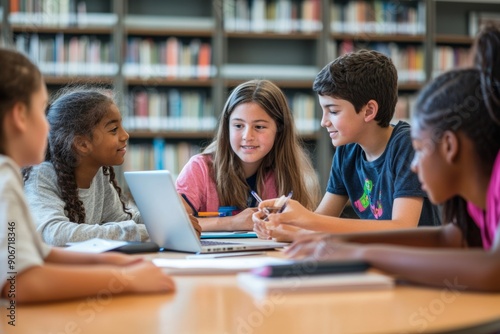 diverse group of middle school students gathered around a table in a library, collaborating on a project, minimal style with copy space, back to school. education concept. 