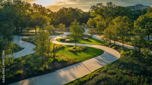 winding park pathways with trees, sunlight, green landscape, outdoor setting, serene environment, summer day