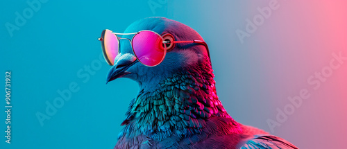 a pigeon wearing sunglasses in front of a colorful background