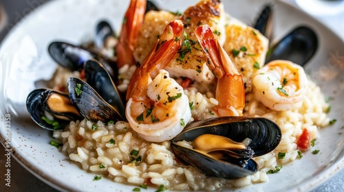 Savory seafood risotto with shrimp, scallops, and mussels, beautifully plated.