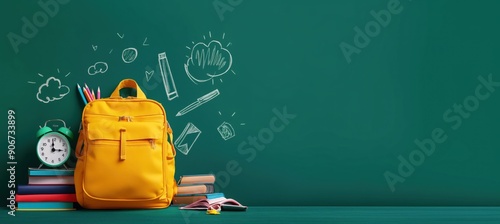 Yellow school backpack with books and pencils on the background of a green school blackboard with space for your text