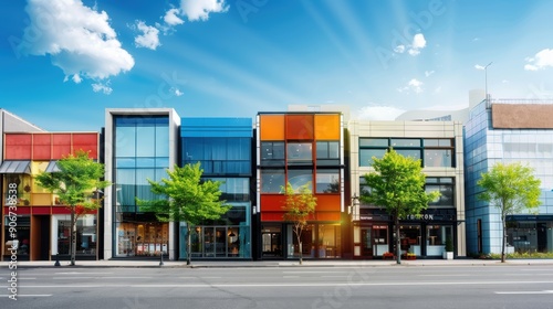 A row of colorful buildings with trees in front of them. The buildings are tall and have many windows. The street is empty and the sky is blue