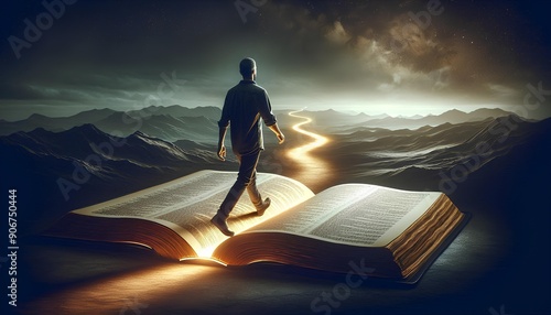 Man Walking Towards an Open Illuminated Bible Symbolizing the Path of Faith and Enlightenment Through Scripture and Spiritual Journey