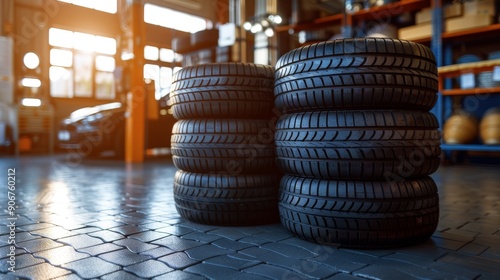 A new tire is installed by an auto repair shop. The background is blurry and shows a car in the stock blur of the industry getting four new tires put in an auto repair shop.