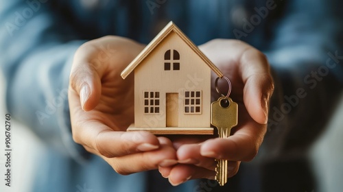 Hands Holding a Wooden House Model and a Key