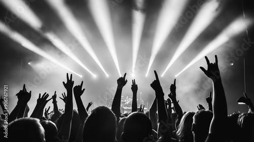 A black-and-white image of a concert crowd with hands raised and stage lights creating an electrifying atmosphere.