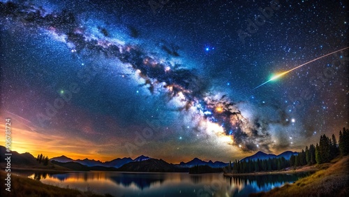 A stunning panoramic stock photo capturing the Alpha Monocerotid meteor streaking across the sky amidst the mesmerizing view of the Milky Way galaxy and the Orion constellation