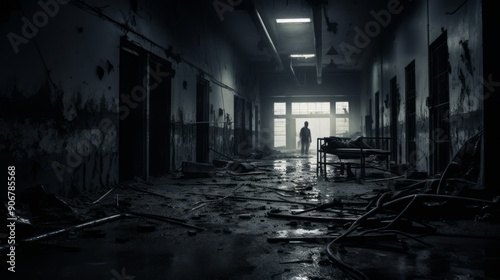 Dark creepy abandoned mental hospital interior in monochrome color. Neural network ai generated art