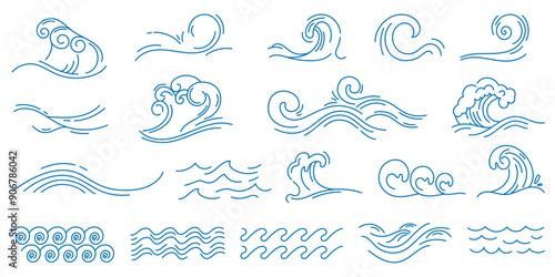 Water line waves. Sea wave with splashes, blue ocean wavy decorative shapes. Water linear marine decoration. Abstract aqua, liquid flow simple graphics, nautical oceanic surf symbols vector set.