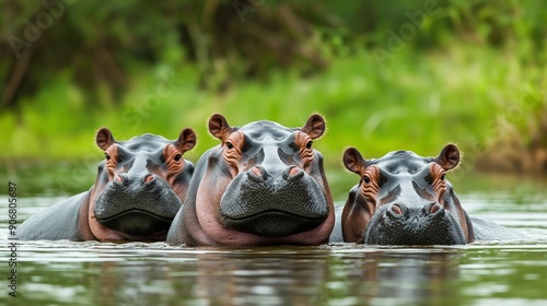 Three hippos are swimming in a lake. They are all smiling and looking at the camera. The scene is peaceful and serene, with the water reflecting the beauty of the hippos