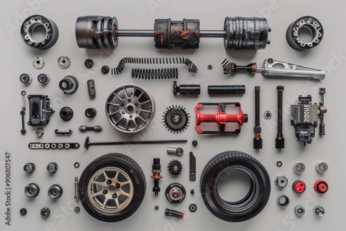 Assorted car auto parts on gray background, isolated vehicle accessories in adobe stock style