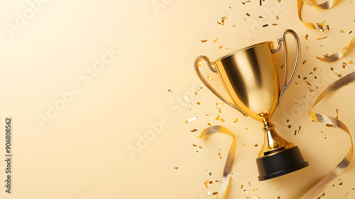 Golden trophy with confetti on a light background.