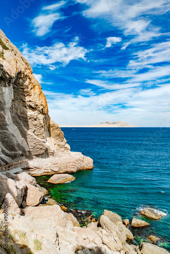 seascape with rocks on shore at day