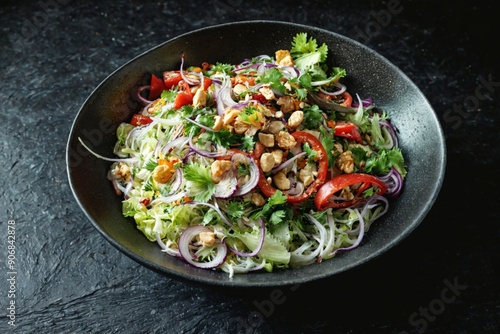 Close-up colorful salad black bowl made up various Delicious Bah