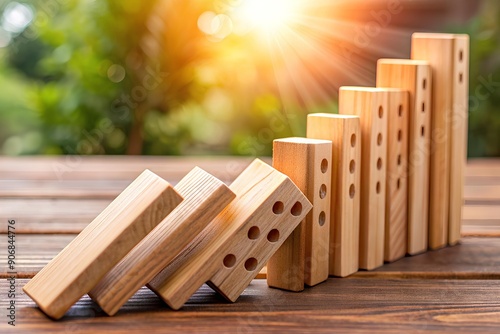 Wooden blocks in a domino effect with sunlight. Strategy, cause and effect, planning, sequence, risk.