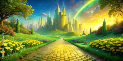 The Yellow Brick Road Leading to a Golden City, digital painting, fantasy landscape, whimsical path, magic, emerald city, yellow brick road