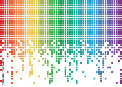 A background texture of rainbow color digital pixels dripping on a white background