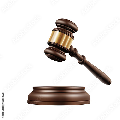 Wooden gavel of judge. Hammer of lawyer. Attributes in court. Isolated image on white background.