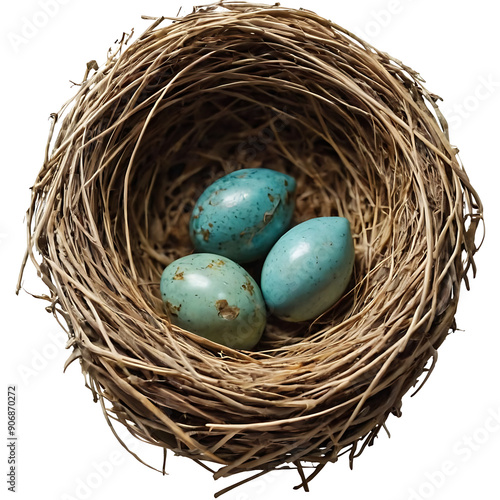  bird's nest made of twigs and dry grass, holding three speckled blue eggs. Perfect for nature, spring, or Easter-themed designs. Transparent PNG.