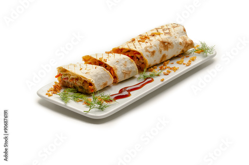 Plate with food on a white background. Shawarma is a national food.National cuisine wrapped in flatbreads made from vegetables and meat