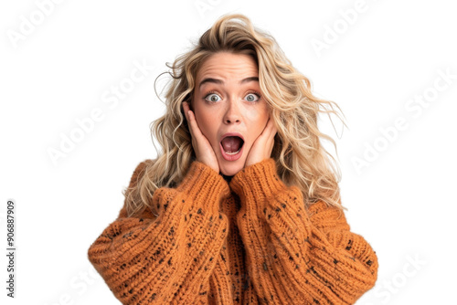 Surprised woman with curly blonde hair, wearing an orange sweater, expressing shock and amazement with her hands on her cheeks.