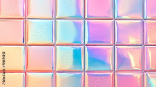 grid of iridescent tiles reflecting a spectrum of colors, Each tile displays a unique blend of pastel hues and metallic sheen